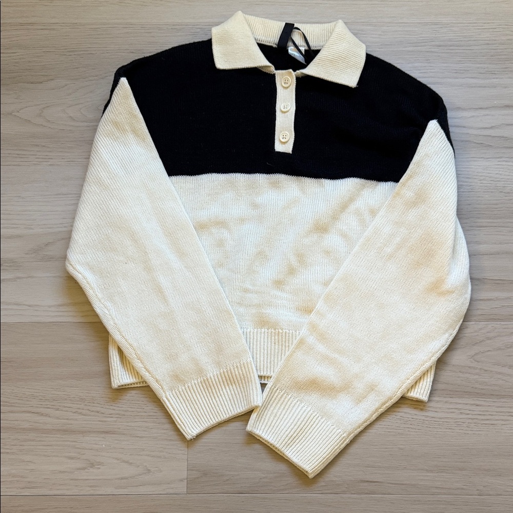 H&M Black and Cream Collared Button-Up Sweater